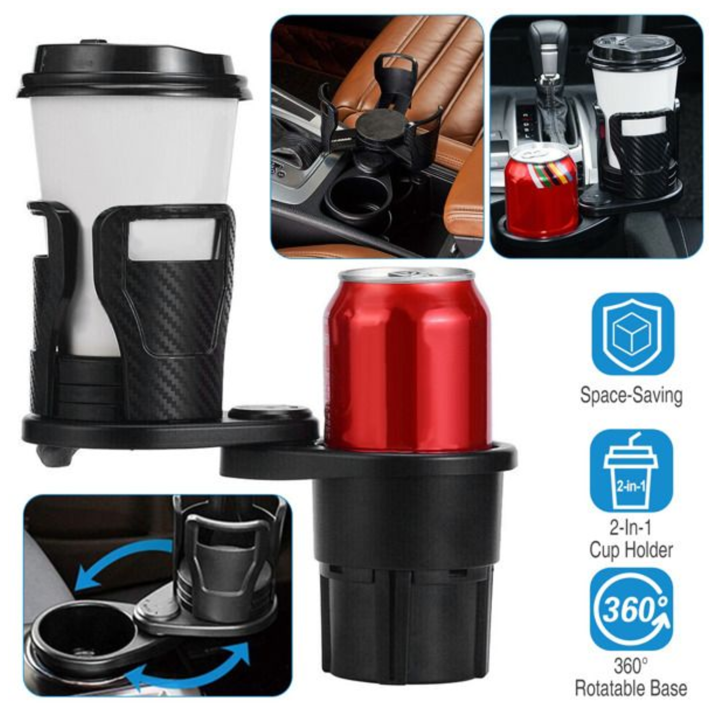 Porte-Gobelet Voiture 2 en 1 – Support Double Rotatif 360° pour Grandes Bouteilles