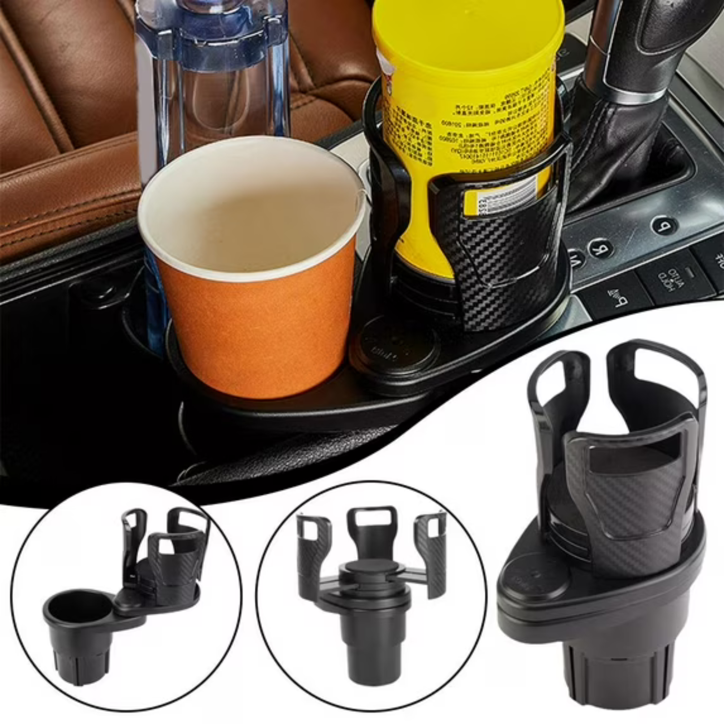 Porte-Gobelet Voiture 2 en 1 – Support Double Rotatif 360° pour Grandes Bouteilles